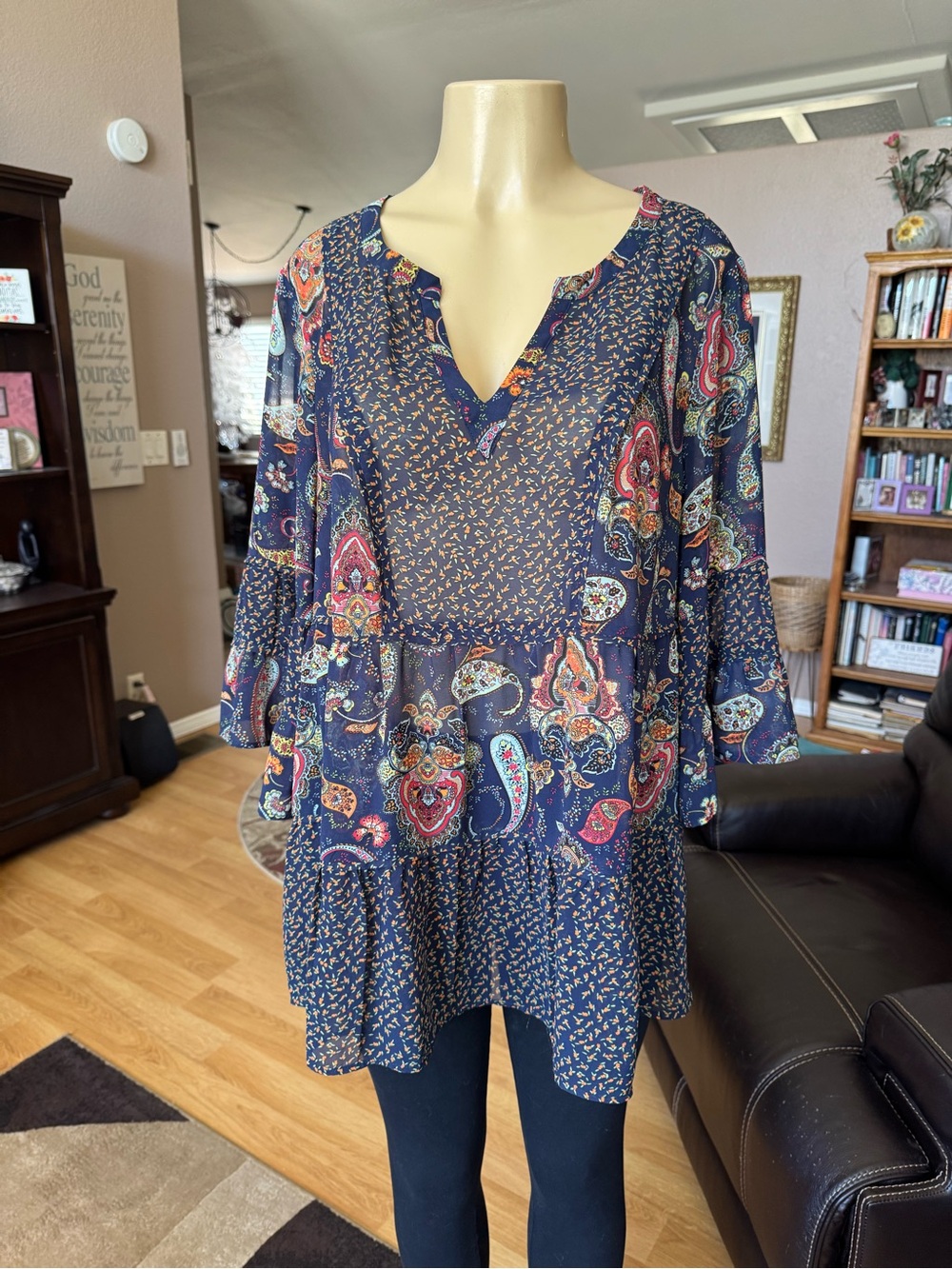 DR2 sheer black boho paisley/floral short ruffled sleeves V-neck tunic-1X